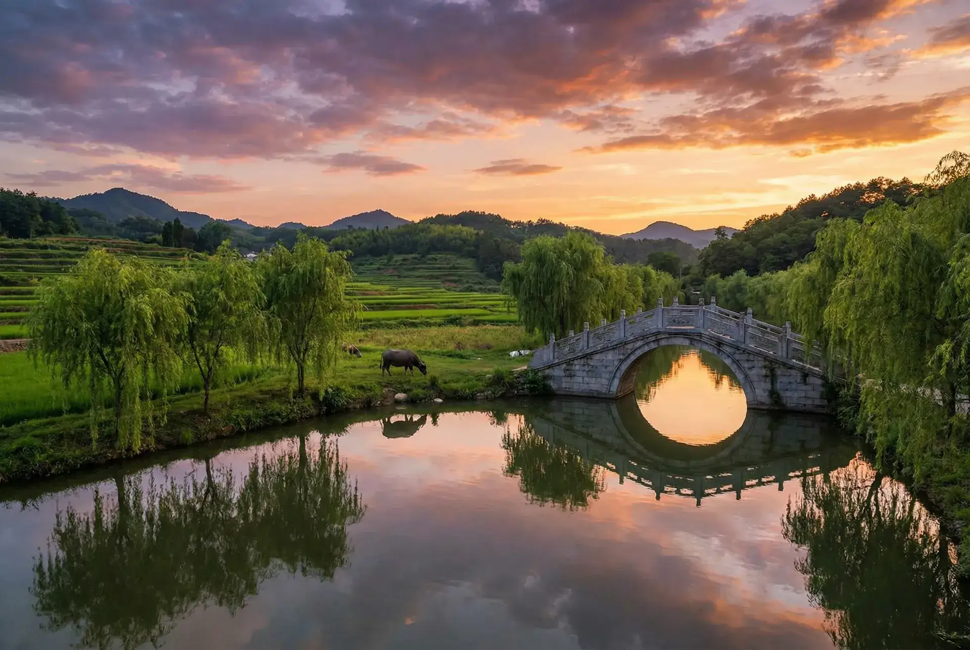 夕阳下的石拱桥与垂柳，水牛在河边吃草 - 咪咪嗳最新地址 乡村美景